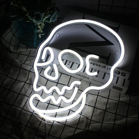 Neon White Skull Emo Goth Halloween Party Holiday Room Dorm Light LED Wall Decor - Picture 3 of 6